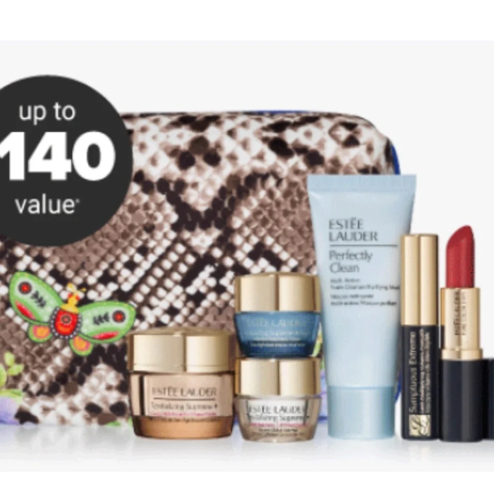 ESTEE LAUDER 7p Makeup Skin Care Gift Bag Supreme Lipstick Mascara $140 NIP